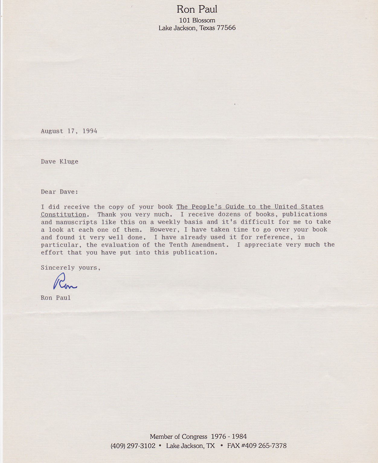 Endorsement letter from Congressman Ron Paul praising The People's Guide to the United States Constitution for making the Constitution accessible to all Americans